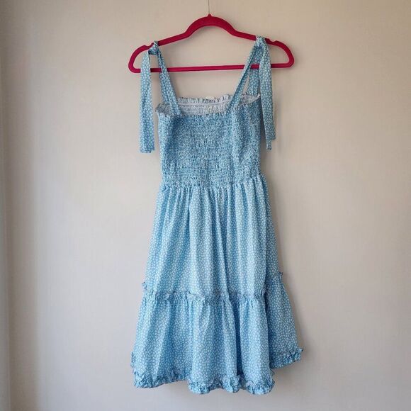 Ditsy Print Smocked Dress | Medium | Light Blue Ruffle Tie Straps Tiered Skirt - Picture 4 of 7